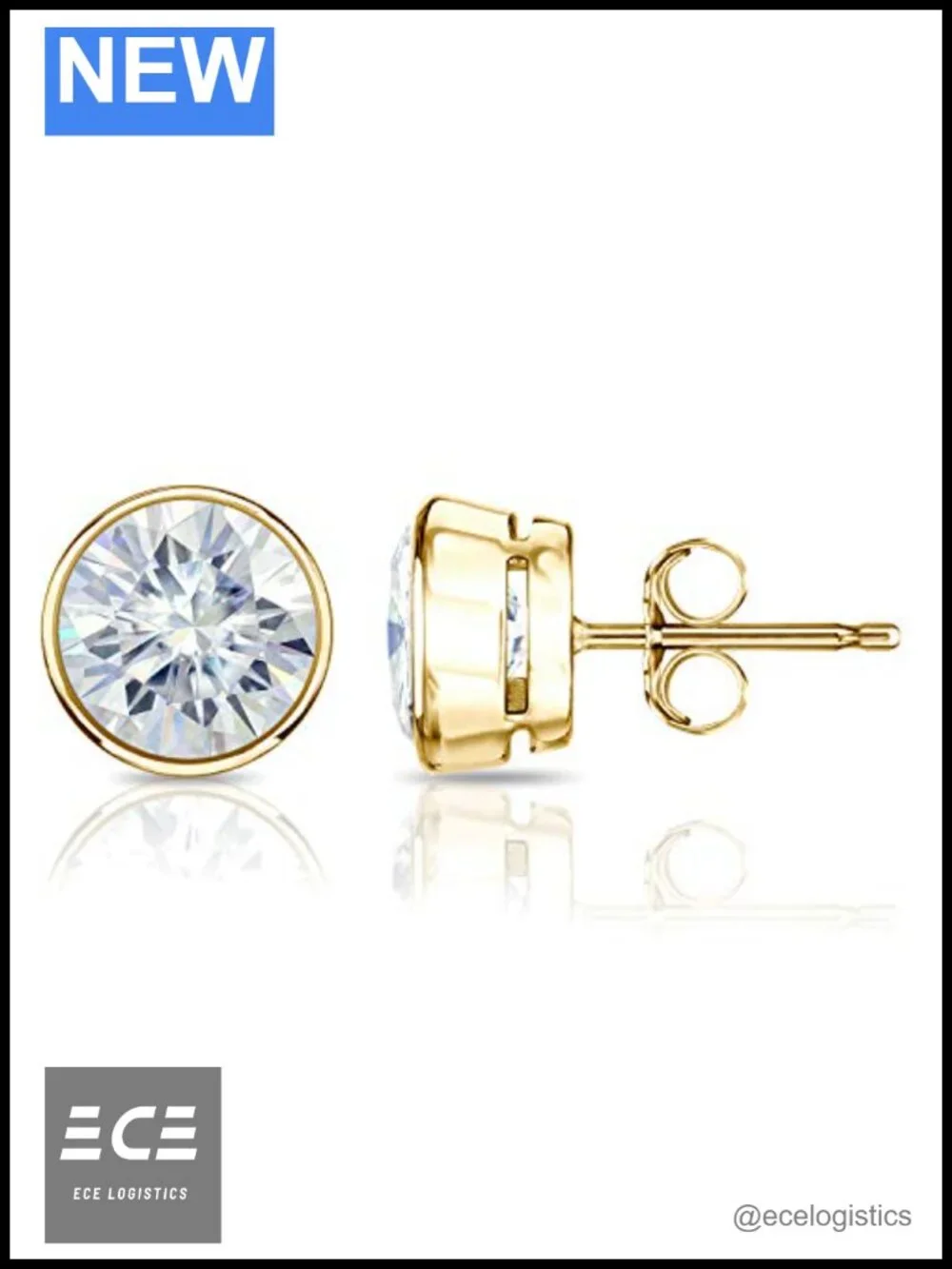 14k Gold Moissanite Bezel Stud Earrings Push Back